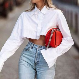 Women Crop Shirt Cotton Polo Neck White Lady Shirts Solid Irregular Long Sleeve Oversize Chic Summer Casual Streetwear Tops 210518