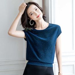 Summer Glitter Thin shiny Sweater Pullovers Women female v-neck loose casual sweater bling knit Jumpers top Oversized 210604