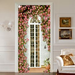 Door Sticker 3D Rose Flowers Window Wallpaper PVC Self-Adhesive Waterproof Wedding House Home Door Decals Wall Sticker 3D Poster 210317