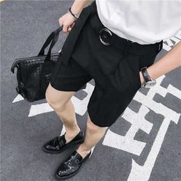 British Style Summer Slim Fit Solid Suit Shorts Men Clothing Fashion Side Split Business Casual Short Homme Knee Length 3XL 210714
