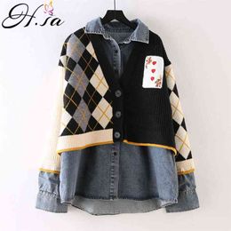 Women Sweater and Cardigans Winter Thick Warm Knit Jackets Argyle Coats Turn Down Collar halloween long 210430