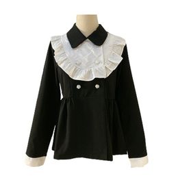 Women Double-Breasted Jacket Spring Autumn Turn Down Collar Black White Ruffle Patchwork C0406 210514