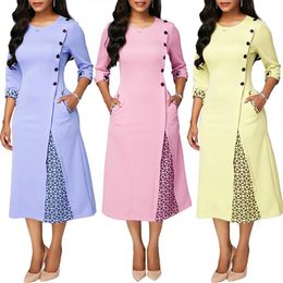 apparel Plus Size Dresses Party Women Autumn Geometric Patchwork 3/4 Sleeve Midi Swing Dress Clothing