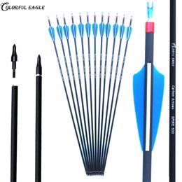 Archery Carbon arrow 28/30/31 Inch Spine 500 Hunting Arrows ID6.2mm OD7.6mm Shaft Removable tips for Compound Bows Recurve Bow