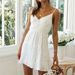 White Lace Sleeveless Summer Dress Women Hollow Out Embriodery Sundress Casual Button Beach Boho Vintage Short 210427