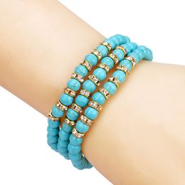Handmade Natural Stone Three Layers Beaded Strands Elastic Charm Bracelets For Men Women Party Club Decor Jewelry