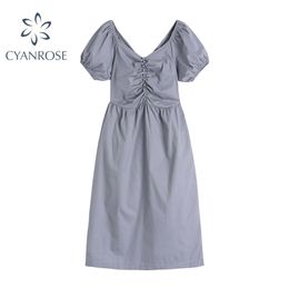 Short Sleeve Draped Blue Dress Women Summer V Neck Korean Retro Dresses Temperament Vintage Chic Buttons Loose Long Frocks 210515