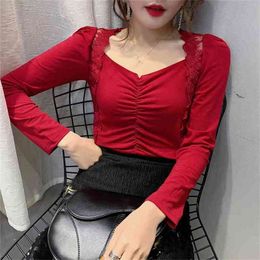 Spring Vintage Square T-shirt Women Lace Embroidery Ruched On Chest Cotton Tops Tee Long Sleeve Black White T02313B 210421