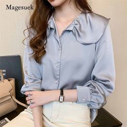 Autumn Long Sleeve Women's Blouses Solid Loose Cardigan Sweet Vintage Tops Ruffled Silk Shirts Blusas Mujer 10690 210518