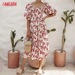 Tangada Summer Women Flowers Print Beach Dress Puff Short Sleeve Ladies Midi Dress Vestidos 8M05 210609