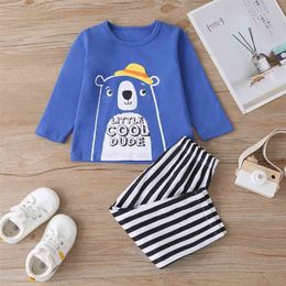 Winter Children Sets Casual Long Sleeve Print Cartoon Beat T-shirt Striped Trousers 2Pcs Girl Boys Clothes 0-2T 210629