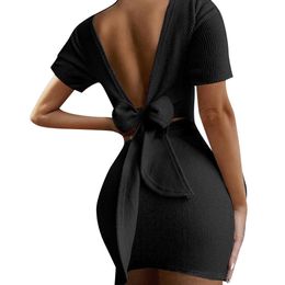 Elegant Backless Bow Slim Wrap Hip Black Dress Women Sexy O Neck Short Sleeve Solid Knitted Party Club Bodycon Mini Summer 210526