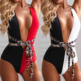 Sexy Deep V-neck Cross Backless Sports Beach Bikini with Padding Patchwork Waistband Bodysuit Swimsuit for Woman 210604