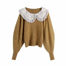 Women Printed Shawl Collar Splicing Knitting Sweater Female Long Sleeve Pullover Casual Lady Loose Tops SW988 210430