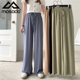 Mosodo Women Ice Silk Wide Leg Pants Solid Colour Casual Loose High Waist Thin 9 Point Trouser Clothing 2021 Summer New Q0801