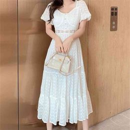Elegant Fashion Women Dresses French Summer Sweet Lace Splicing Chiffon Embroidery Slim Waist Casual Long Dress Female 210519