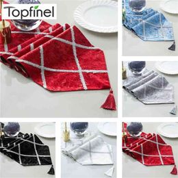 Topfinel Fashion Diamond Shaped Stripes Table Runners Cloth with Tassels Dining Decoration for Wedding Dinner Party Decorative 210709