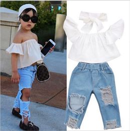 Three-Pieces Set For Girl Summer Clothes White Tops+ Ripped Jeans+Headbands Girls Suit Children Outfits Kids Clothing Sets