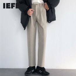 Pantaloni dritti in tweed IEFB Pantaloni da uomo larghi e personalizzati Chic Pantaloni di lana casuali con bottoni regolabili spessi coreani 9Y5210 210524