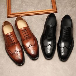 Genuine Leather Shoes Men Business Dress Size 11 Round Head Brogue Lace Up Wedding Oxford Shoes Formal Black Party Dress Shoes