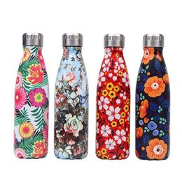 Flowers Stainless Steel Vacuum Insulated Water Bottle Flask Thermal Sports Chilly 500ML Double Wall Coke Direct Drinking Cup 211013