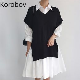 Korobov New Chic Autumn Women 2 Pieces Sets Korean Dress and O Neck Sleeveless Knit Vest Female Suits 210430