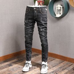 Italian Style Fashion Men Jeans Retro Vintage Black Elastic Slim Fit Ripped Denim Trousers Streetwear Designer Hip Hop Pants