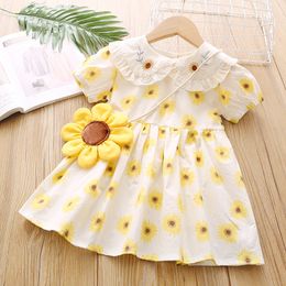 Summer Puff Sleeve Sunflower Print Cute Children Princess Dress Toddler Kid Clothes Girl For 2-6Y 210515