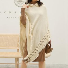 Spring Autumn Cloak Women Knit Solid Capes Shawl Cashmere Tassel Hooded Coat Black Khaki White Red Grey Ponchos And Mujer Scarves