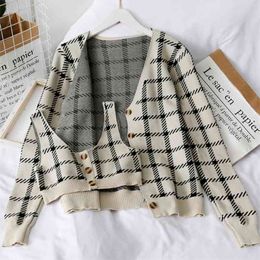 Streetwear Gingham Plaid Crop Top And Cardigan Suits Harajuku Knitted Two Piece Set Women Outfits Sweater Jumper 210514