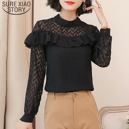 Spring Autumn Korean Wave Shirt White Black Solid Chiffon Long Sleeve Women Blouses Hollow Floral Tops 6544 50 210510