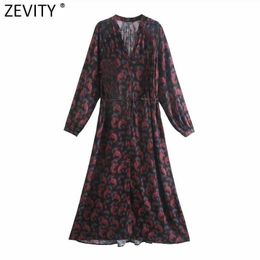 Zevity Women Vintage Totem Spiral Flower Printing Shirt Dress Lady Chic V Neck Puff Sleeve Vestido Casual Slim Cloth DS5028 210603