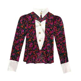 Women Long Sleeve Floral Printed Splicing Hollow Out Turn-Down Collar Top Blouse Casual Spring Shirts Female B3041 210514