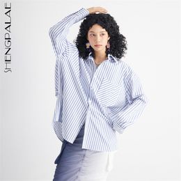 Simple Blue Striped Blouse Women's Summer Laple Large Size Single Breasted Long Sleeve Shirt Female 5E111 210427