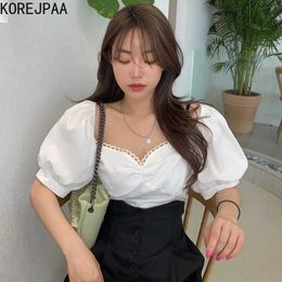 Korejpaa Women Shirt Summer French Niche Square Neck Lace Embellished Clavicle Pleated Slim-Fit Short Puff Sleeve Blouses 210526