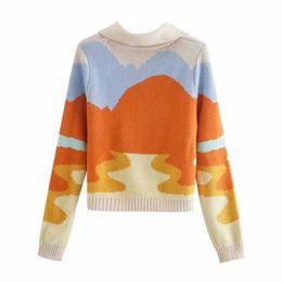 Women Autumn Vintage Sunshine Print Short Knitted Cardigan Sweater Chic Laides Fashion Single Breasted Knitwear Top Y2K New 2021 Y0825