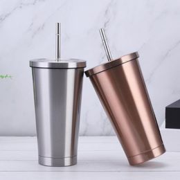 Mugs 500ml Thermal Mug Coffee Cups Stainless Steel Straw Cup Vacuum Flask Car Portable Insulated Water Tumbler With Lids
