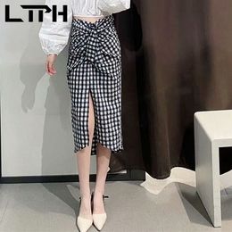 French vintage black white plaid Package Hip skirt women Front Split Folds high waist Bow lady midi skirts summer 210427