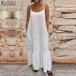 Female Flounce Party Dress Bohemian Ruffles Long Dress ZANZEA Summer Sundress Casual Solid Loose Beach Vestido Sarafans Kaftan 7 Y1204