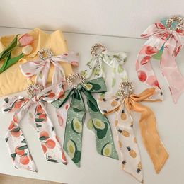 Women Pearl Hair Ties Fashion Ribbon Hairband Scrunchies Girls Ponytail Printed with a fruit Bow Rubber Band Hair Accessories