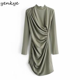 Fashion Women Design Ruching Asymmetric Dress Vintage Solid Color Long Sleeve High Neck Sexy Winter Vestido 210514