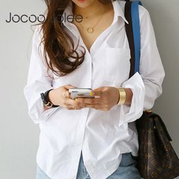 Spring One Pocket Women White Shirt Female Blouse Tops Long Sleeve Casual Turn-down Collar OL Style Loose Blouses 210428