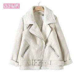 Za Fur Long Sleeved Loose Belt Warm Women's Jacket Lamb Wool Winter Thickened Locomotive Lapel Female Coat Beige Black Chic PU 211112