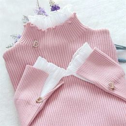 Korean Fashion Patchwork Warm Sweater Women Elegant Long Sleeve Slim Turtleneck Knitted Shirt Chic Net Yarn Ruffle Pullover Top 211228