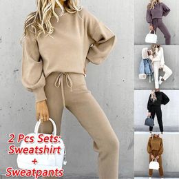 Women's Two Piece Pants Women Autumn Winter Fleece Sport Suit Sweatshirt + High Waisted Drawstring Sweatpants Sets 2 Pcs Solid Colour Outfits