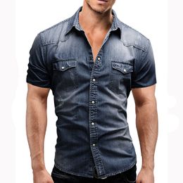 fashion men's summer jeans Shirts casual solid color foreign trade denim short sleeve shirt plus size blouse