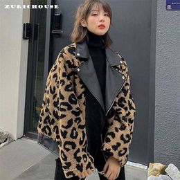 ZURICHOUSE PU Leather Winter Jacket Female Short Thick Warm Fashion Moto Biker Style Plush Leopard Lambswool Coat Women P3549 211007