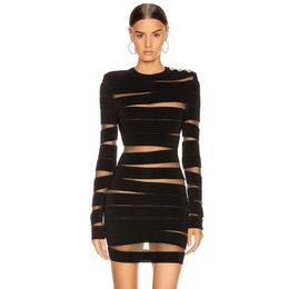 Adyce New Autumn Black Lace Bandage Dress Women Sexy Long Sleeve Hollow Out Club Mini Celebrity Evening Runway Party Dress 210325