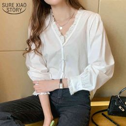Autumn Long Sleeve White Puff Chiffon blouse Women Casual Plus Size Lace Blouse V-Neck Cardigan Ladies' Clothing 10621 210508