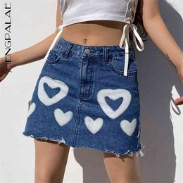 Streetwear love pattern skirt women's summer high waist ripped mini denim skirts female tide 5C752 210427